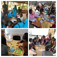 From the upper left, you can see:  High School students playing Dipeo as after school activity at MyFarm in The Gambia. Young female entrepreneurs playing Dipeo in Rakops, Botswana. Participants at introductory course in Norwegian, with Hero in Oslo.  Young girls from a Women Health Association (WHAE) project for economic empowerment in Addis Abeba, Ethiopia.